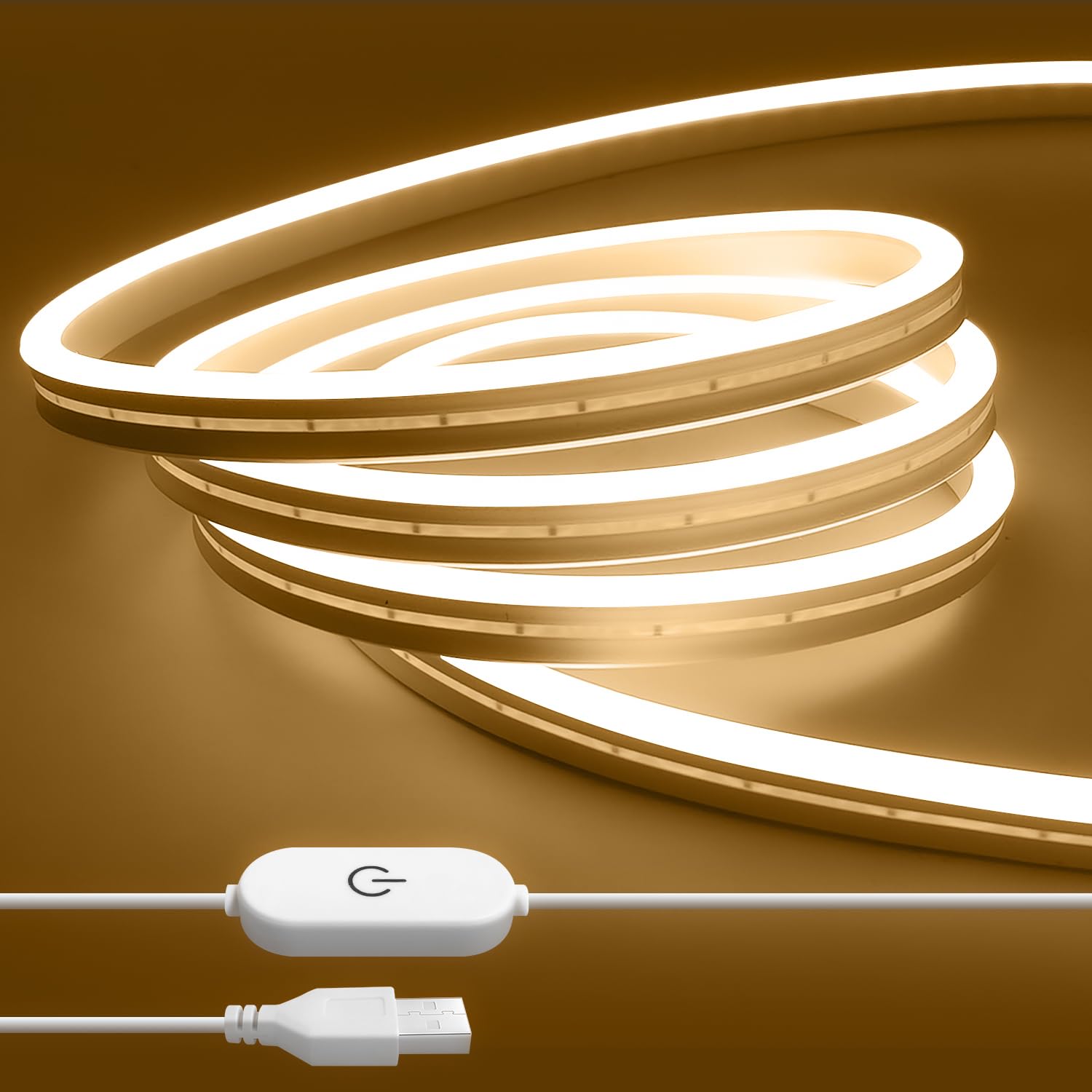 ShineBurky 2M Neon LED Strip Lights, Warm White 3000K, 5V USB Cuttable Waterproof Dimmable Flexible Rope Lights for TV Backlight Monitor Kitchen Cupboard Mirror Staircase Window Wedding Outdoor Decor — image 1