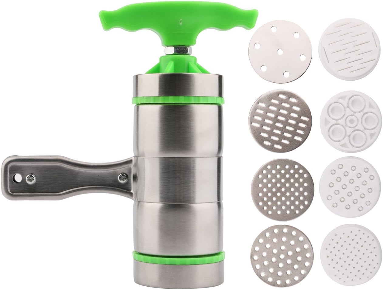 Katkitchen Noodle Pasta Press Maker Machine Hand Crank Cutter with Green Handle, Manual Fruits Juicer Cookware with 9 Pressing Moulds for Making Spaghetti Fettuccine Noodle
