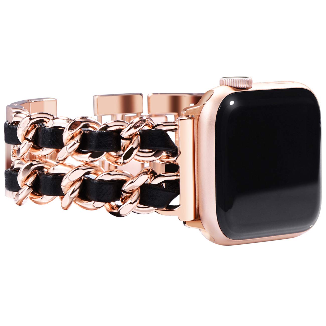 NewWays Compatible for iWatch Strap 41mm 40mm 38mm Women, Jewelry Bracelet for iWatch Series 7 6 5 4 3 SE, Rose Gold Link with Black Leather