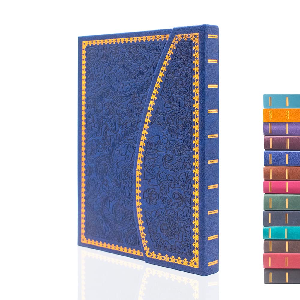 VICTORIA'S JOURNALS Magnet Journal, Carving Vintage Notebook Faux Leather Hard Cover Personal Diary Lined Pages Ribbon Bookmark, 8'' x 5.7'' (Navy Blue)