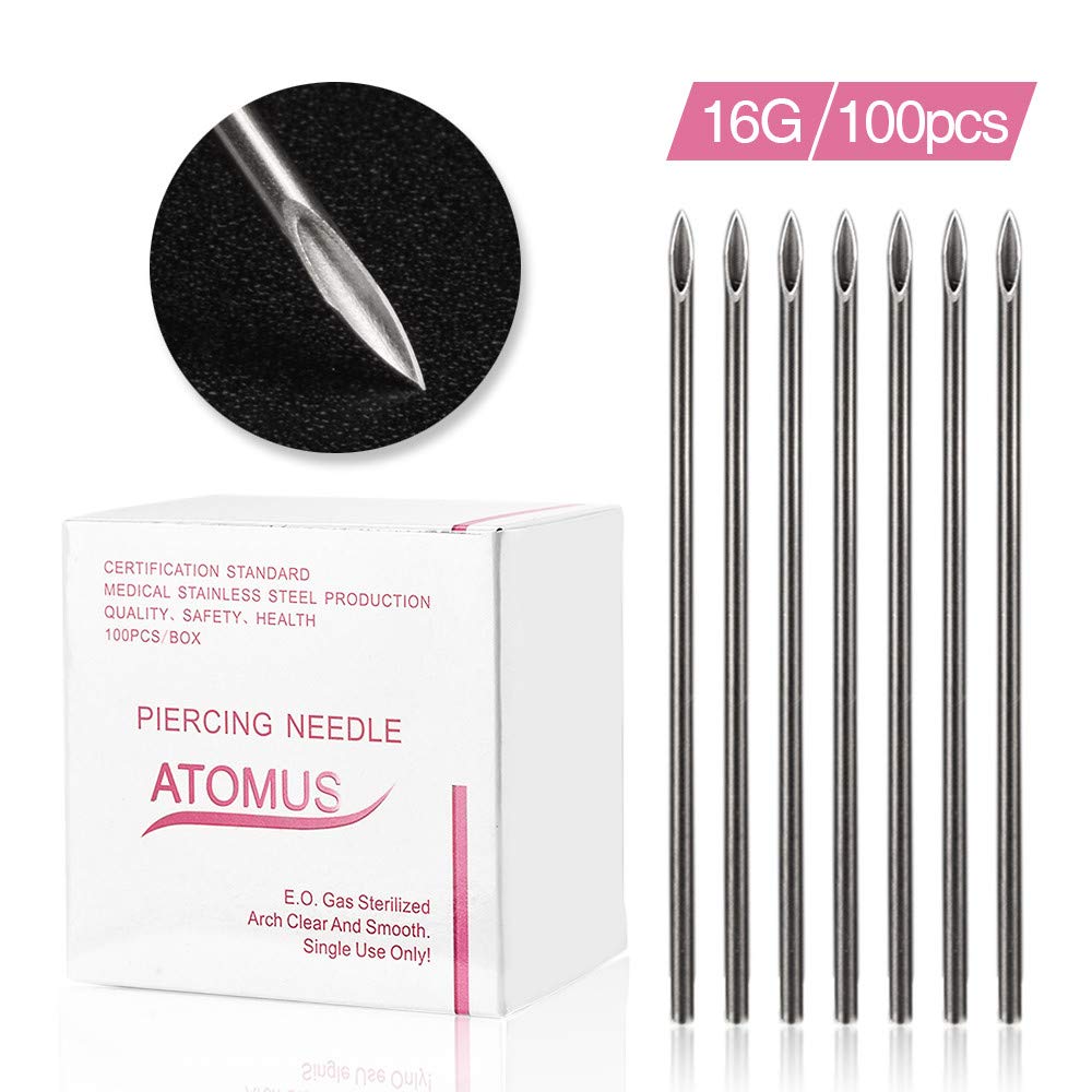 ATOMUS 100Pcs Sterilized Piercing Needles 16G Ear Navel Nipple Piercing