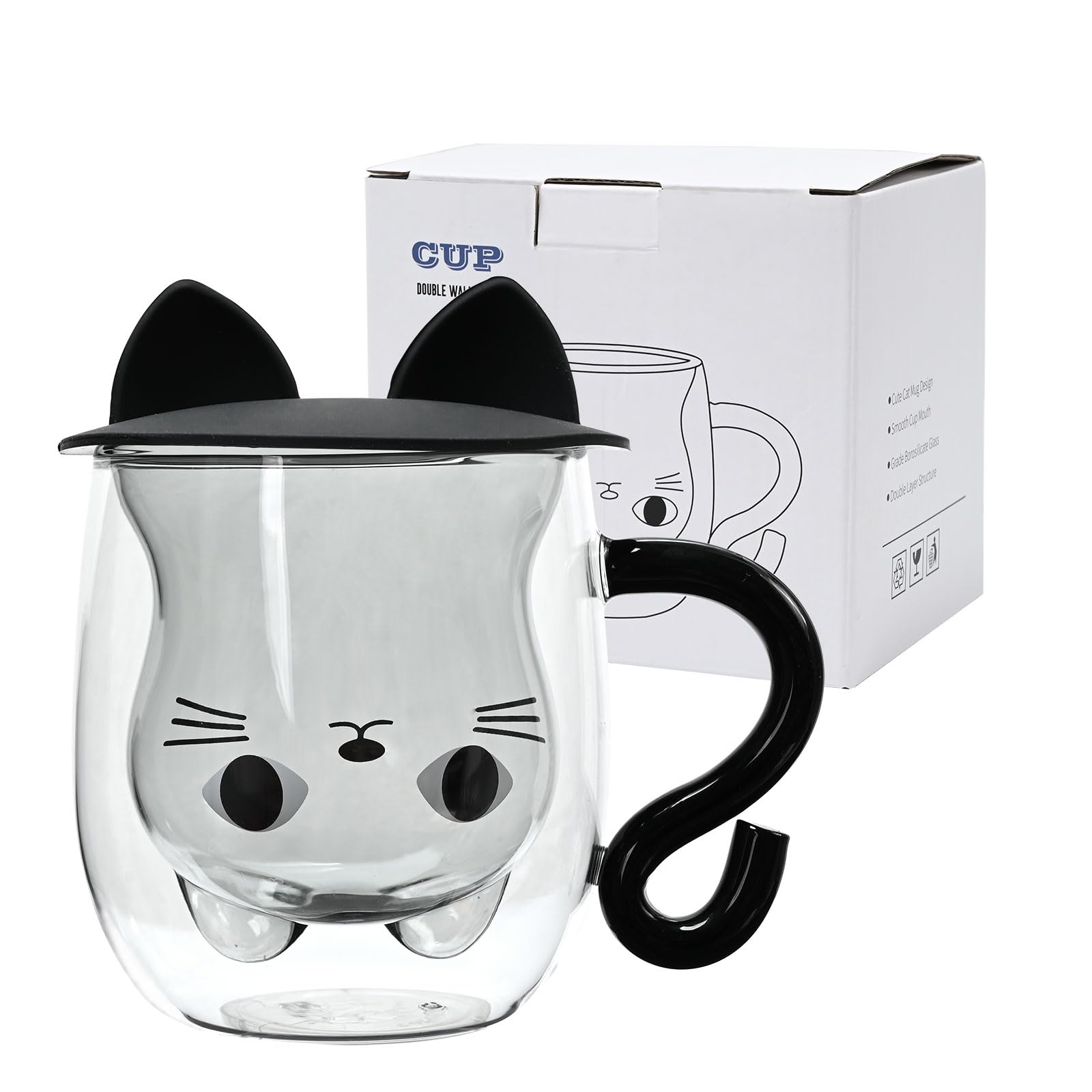 Tougo Cute Glass Mug,Double Walled Insulated Glass Coffee Cup for Latte Cappuccino Milk Tea Juice Dessert Ice Cream,Gift for Birthday,Anniversary,Wedding, Mother Day and Father Day