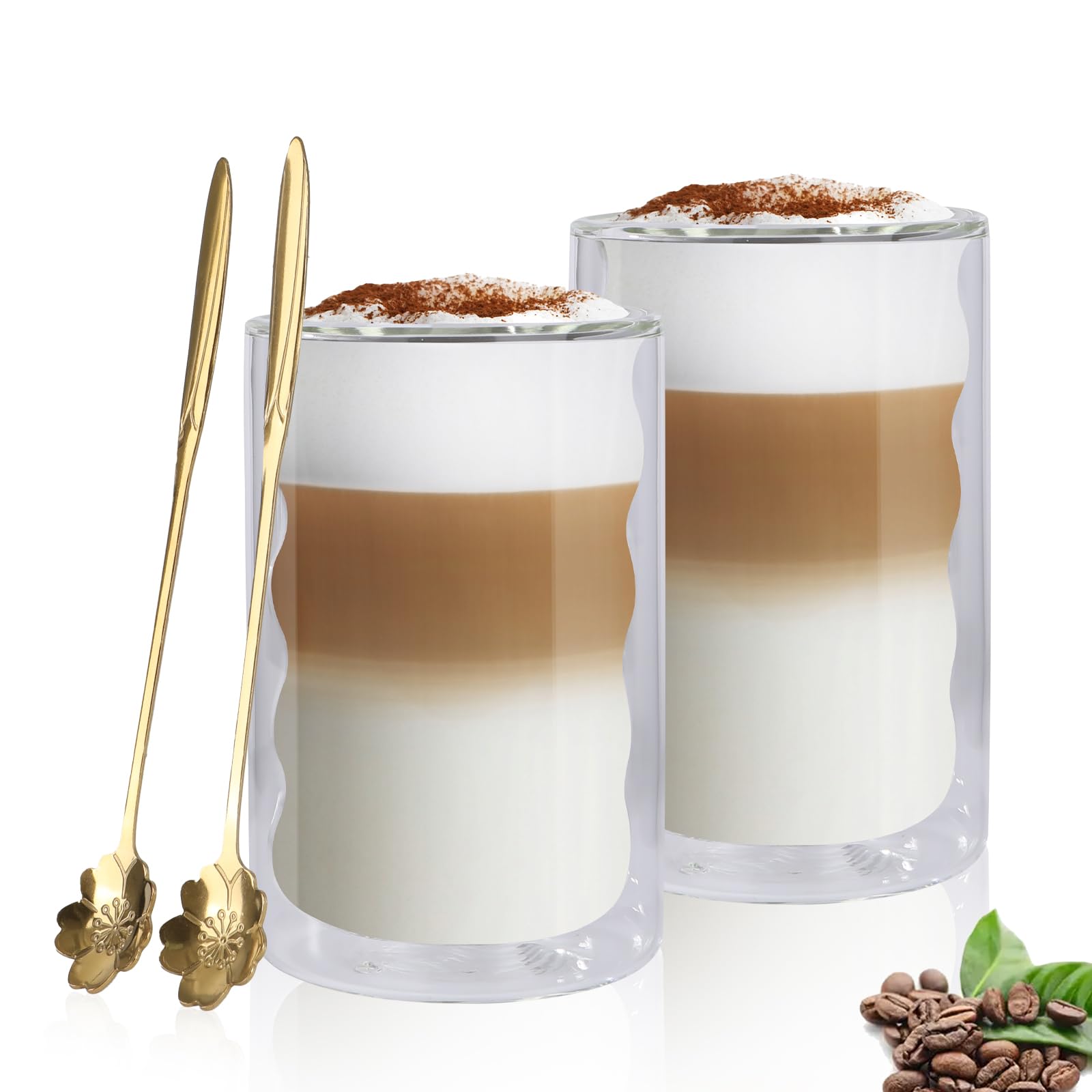 Hniuyun Double Wall Glass Coffee Mugs, 400ml Clear Coffee Mugs with Spoon, Insulated Glass Cups for Cappuccino, Milk, Tea, Espresso, Hot Beverage (2 Pack)