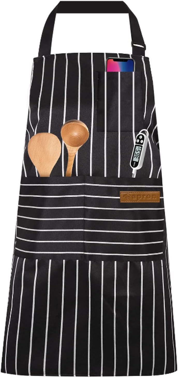 OWill Adjustable Unisex Apron with Pocket for Cooking & BBQ - Black Strips