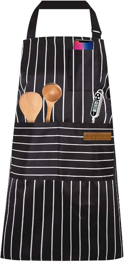 OWill Adjustable Unisex Apron with Pocket for Cooking & BBQ - Black Strips