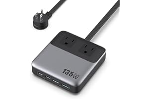 FEOB USB C Charger Block,135W GaN Fast Charging Station Hub,6-in-1 USB C Power Strip with 5ft Cord,2 AC & 2 USB A & C,PD 65W Laptop Charger for MacBook Air/Pro,iPhone16/15,Galaxy S24 etc