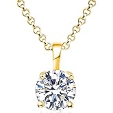 925 Sterling Silver Necklace for Women, 1ct 6.5mm D Colorless Moissanite Necklace Round Brilliant Cut Solitaire Pendant Necklace Gold Plated Classic 4 Prong 18 Inch Chain Necklace