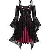 DRESSFO Womens Victorian Gothic Punk Halloween Witch Renaissance Medieval Costume Cold Shoulder Dress