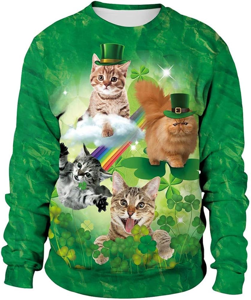 Eurapping 3D Graphic Ugly Cat St. Patrick's Day Sweater Funny Crew Neck