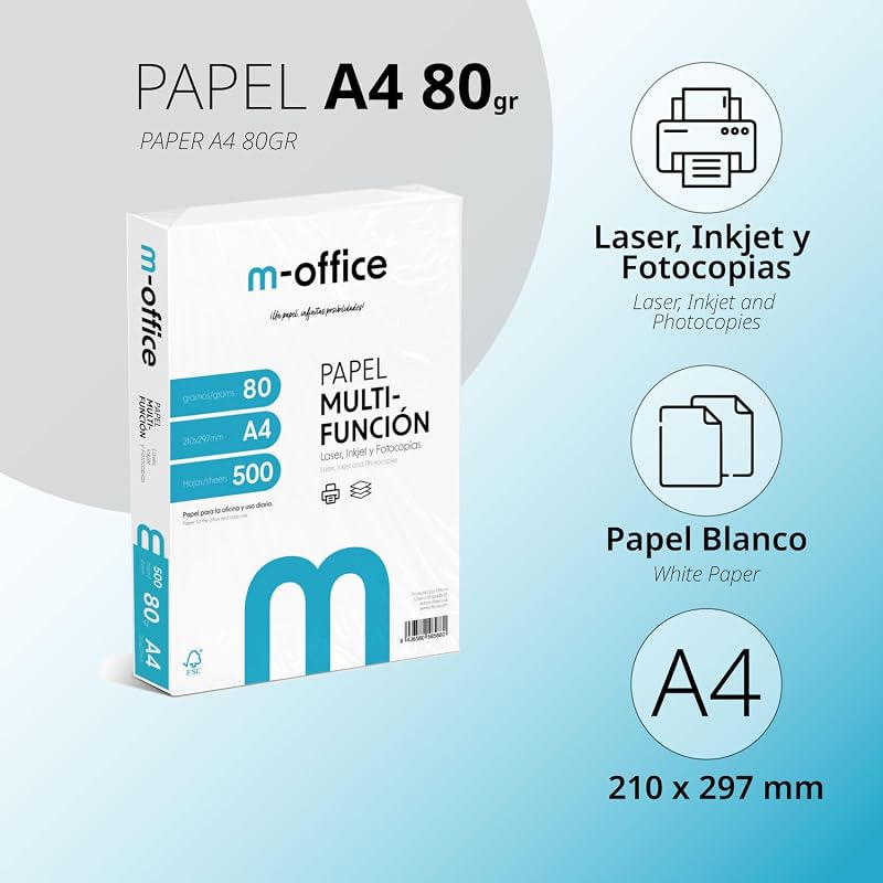 Paquete Folios A4 80gr, Paquete de 500 hojas, Papel Multifunción para Impresora Inkjet y Láser, Hojas A4 210 x 297 mm Ideales para la Oficina como para el Hogar · m-office (500 hojas)