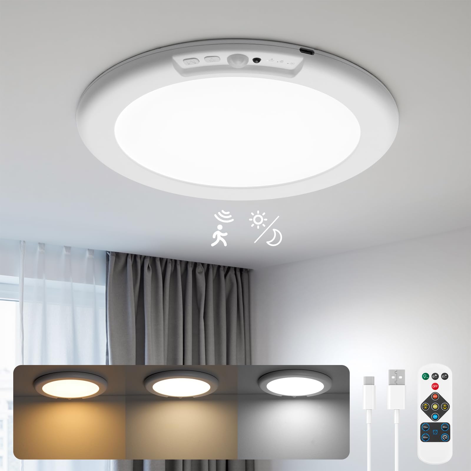 Photo 1 of wowatt Battery Operated Ceiling Light Rechargeable Ceiling Lights with Remote Wireless Shower Lamp 3000K 4500K 6500K 7.48in Dimmable Timing Motion Activated Lighting Indoor for Closet Shower