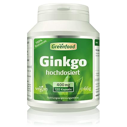 Greenfood Ginkgo Biloba, 400 mg reiner Blattextrakt (24% Flavone), 120 Kapseln, extra hochdosiert – OHNE künstliche Zusätze. 