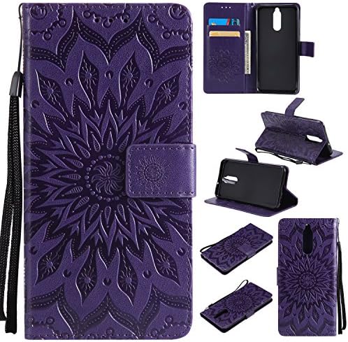 Huawei Mate 10 Lite Case Cover,SMYTU Premium Emboss Sunflower Flip Wallet Shell PU Leather Magnetic Cover Skin with Wrist Strap Case For Huawei Mate 10 Lite(Purple)