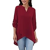 CiCiBird Womens Dressy Casual Tops 3/4 Rolled Sleeve Chiffon Blouse Work Asymmetrical Blouses