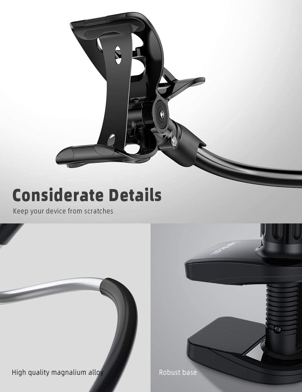 Phone Holder Bed Gooseneck Mount - Lamicall Flexible Arm 360 Mount Clip Bracket Clamp Stand for Cell Phone XS Max XR X 8 7 6 Plus 5 4, S10 S9 S8 S7 S6, Overall Length 33.4In(Black)