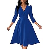 Yajedo Womens Casual A Line Dress 3/4 Sleeve Sexy Wrap V-Neck Swing Semi Formal Cocktail Wedding Guest Midi Dresses Elegant