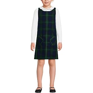 Lands' End Girls Plaid Button Shoulder Patch Pocket Jumper 6 Hunter/Classic Navy Plaid