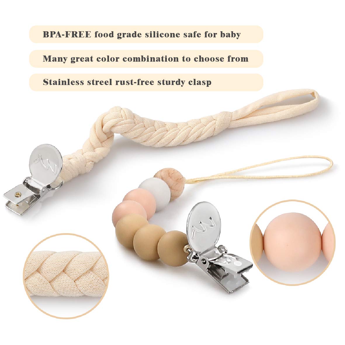 Modern Pacifier Clip for Boy and Girl 5 Pack Metal Teething Clips Braided Cotton Rope Common for Pacifier Teether Toys Baby Shower Set : Baby