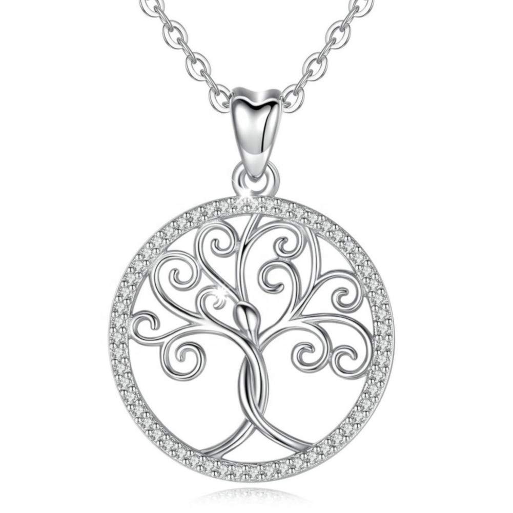 Alexander Castle Sterling Silver CZ Tree of Life Celtic clear stone Pendant Necklace with 18" silver Chain & Jewellery Gift Box. Womans Yggdrasil Crann Bethadh gift with silver chain.