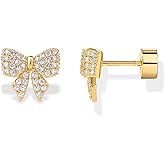 PAVOI 14K Gold Plated Dainty Flat Back Earrings for Women - Hypoallergenic Sterling Silver Posts Helix Cartilage Piercing Jewelry - Emoji Motif Bow Celestial Flatback Gold Stud Earrings Screw Back