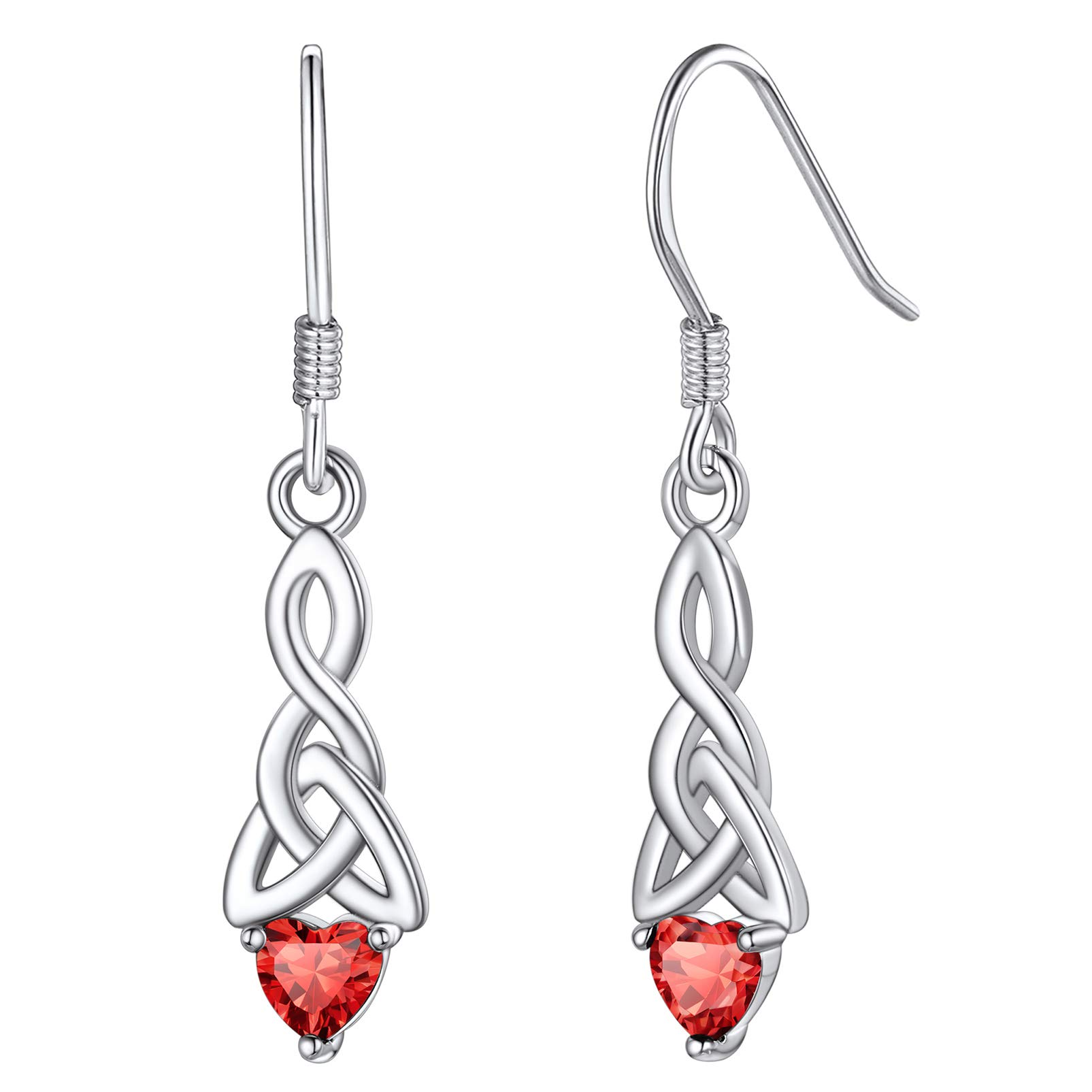 Silver Red Earrings for Women Dangling Birthstone Heart Earrings Ladies for Pierced Ears Drop Sterling Silver