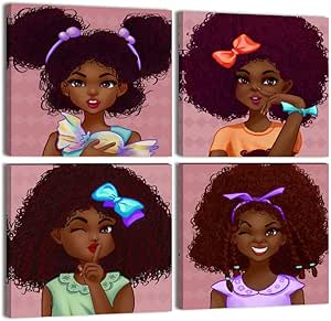 Amazon Com Beautiful African Girl Wall Art Curly Hair Canvas Paintings Pink Background 4 Panels African American Poster Prints Black Girl S Room Decor Framed Ready To Hang 16 X16 X4 Everything Else