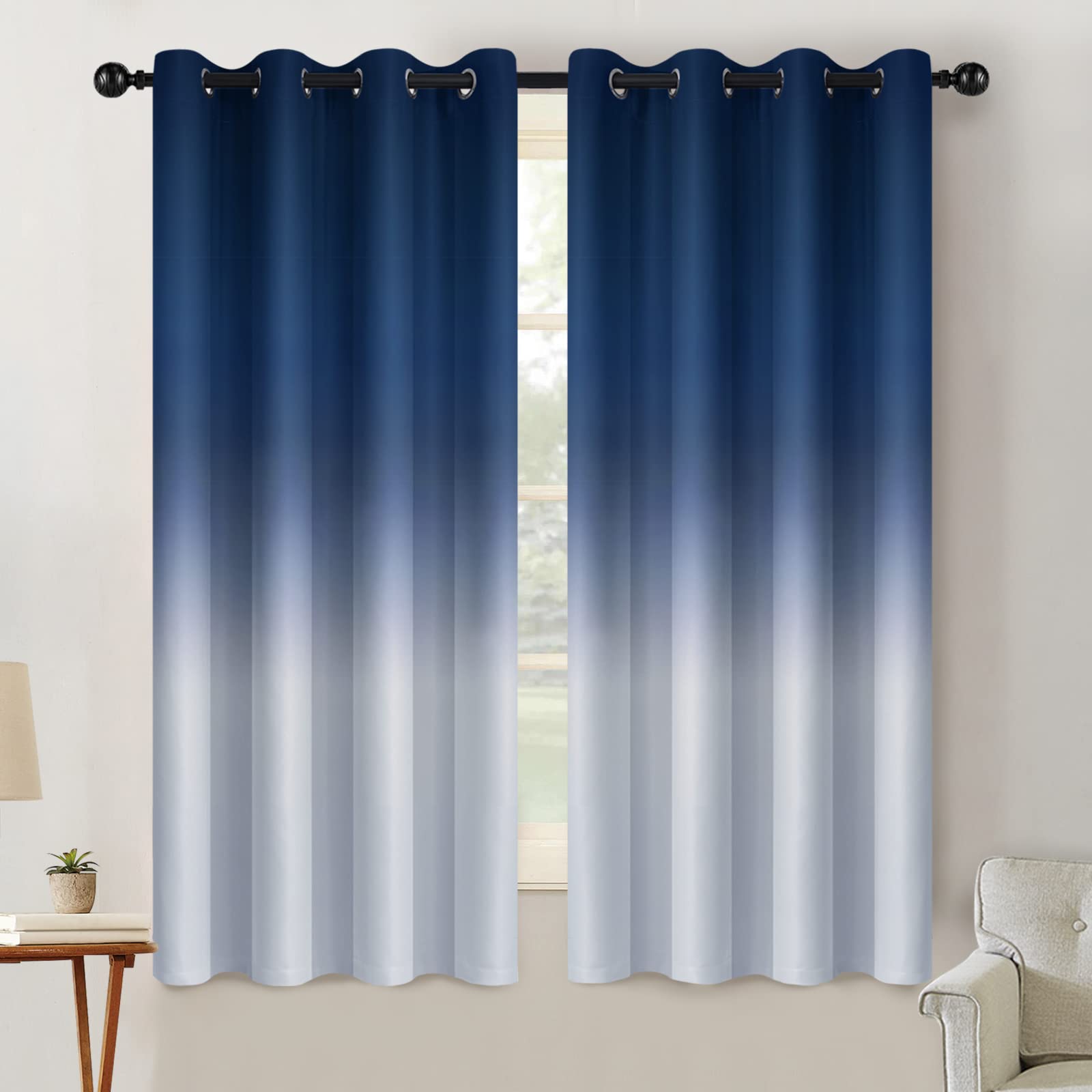 Photo 1 of (1 PANEL) SimpleHome Ombre Room Darkening Curtains for Living Room, Light Blocking Gradient Blue to Grey White Thick Thermal Insulated Grommet Window Curtains/Drapes for Bedroom, 2 Panels, 52x63 inches Length