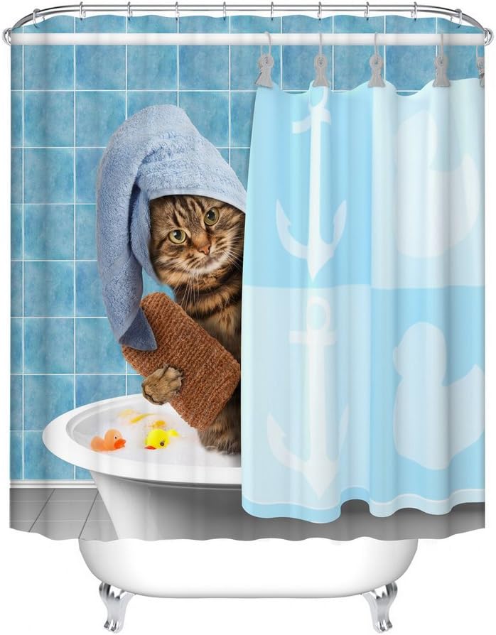 Fangkun Animals Funny Kitten Cat Bathing Decor Bathroom Shower Curtain 3D Printing - Polyester Fabric Waterproof Bath Curtain - 12 pcs Shower Hooks are Included - 72 x 72 inches