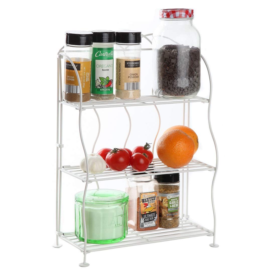 Lily's Home Metal Countertop Wire Shelf Rack, Great for Household Items, Kitchen Organizer, Bathroom Storage and More. Foldable. White (3-Tier)