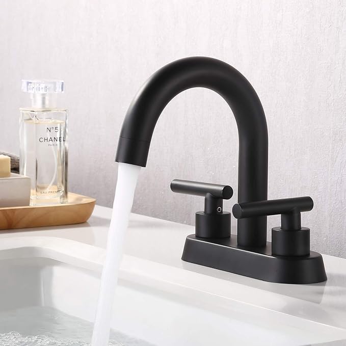 KES Matte Black Bathroom Sink Faucet Modern 3 Hole 4 Inches Centerset Vanity Faucet Two Handles