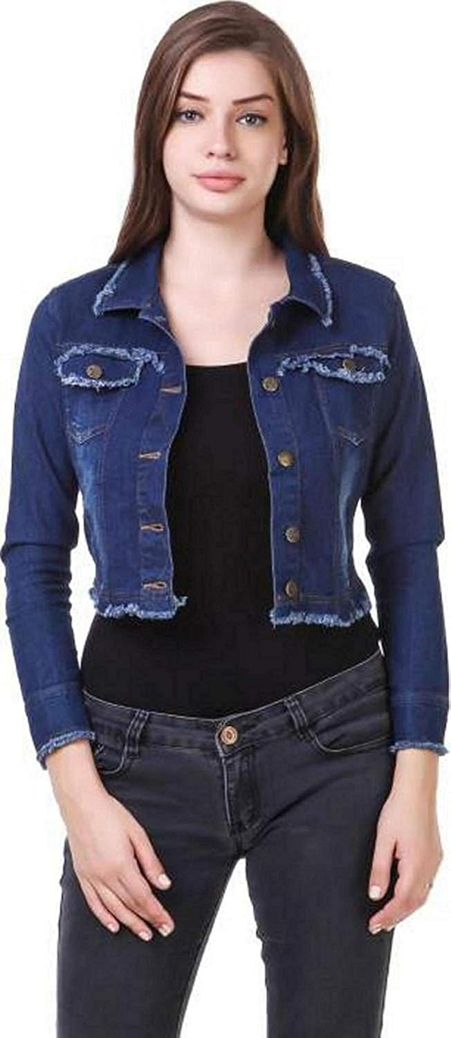 kanzul denim solid dark blue 3/4 sleeves regular collar women jacket