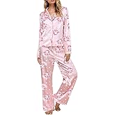 Aopwsrlyi Christmas Pajamas for Women Satin Silk Lounge Set Long Sleeve Button Down Shirt Pants Set 2 Piece Pjs Set
