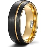 TRUMIUM 8mm 24K Gold Plated Tungsten Carbide Rings Black Mens Wedding Band Groove Center Ring Beveled Edges Comfort Fit Size 7-14