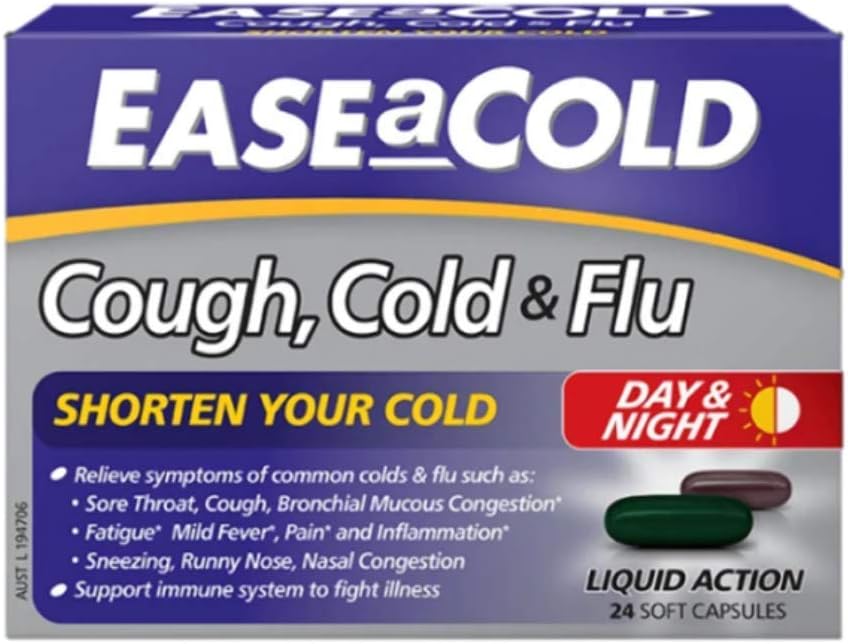 Ease A Cold Cough Cold & Flu Day & Night 24 Capsules, 24 count, Pack of