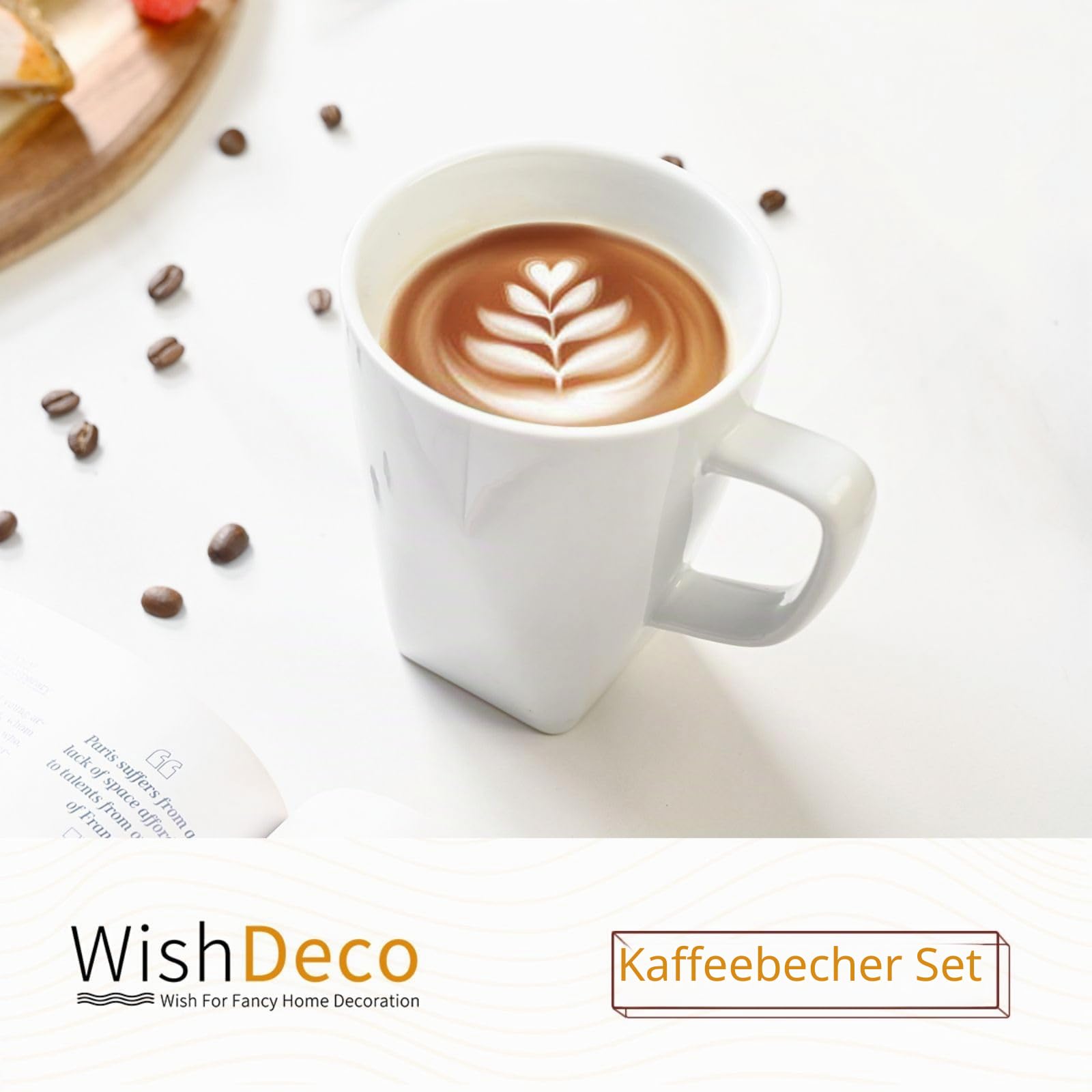 WishDeco Kaffeebecher 6er Set, Kaffeetassen Porzellan Weiß 400ml, Kaffee Tassen Groß mit Henkel, Tassen Set für Cappuccino Tee Milch Heißgetränke, Eckig Boden 2