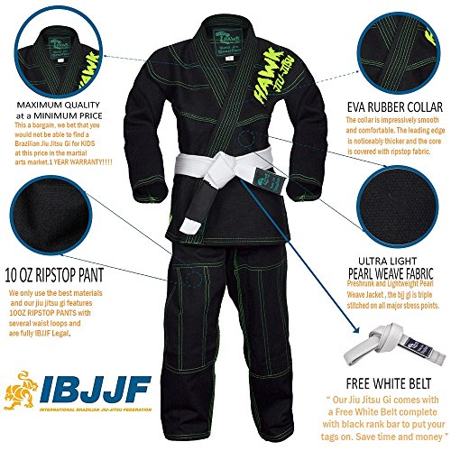 Hawk Kids Brazilian Jiu Jitsu Suit Youth Children BJJ Gi Kimonos Boys & Girls BJJ Uniform Lightweight Preshrunk Pearl Weave Fabric, with Free White Belt, 1 Year Warranty!!! (K0, Black)