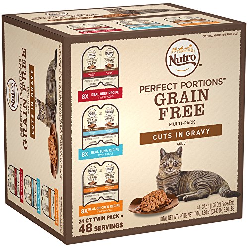 NUTRO PERFECT PORTIONS Grain Free Natural Adult Wet Cat Food Cuts in Gravy Real Beef, Real Tuna, and Real Chicken Recipes Variety Pack, (24) 2.6 oz. Twin-Pack Trays