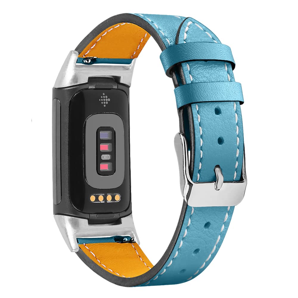 AISPORTS Leather Strap Compatible with Fitbit Charge 6/5 Strap for Women Men, Soft Breathable Leather Sport Wristband Metal Classic Buckle Clasp Bracelet Replacement Band for Fitbit Charge 6/5