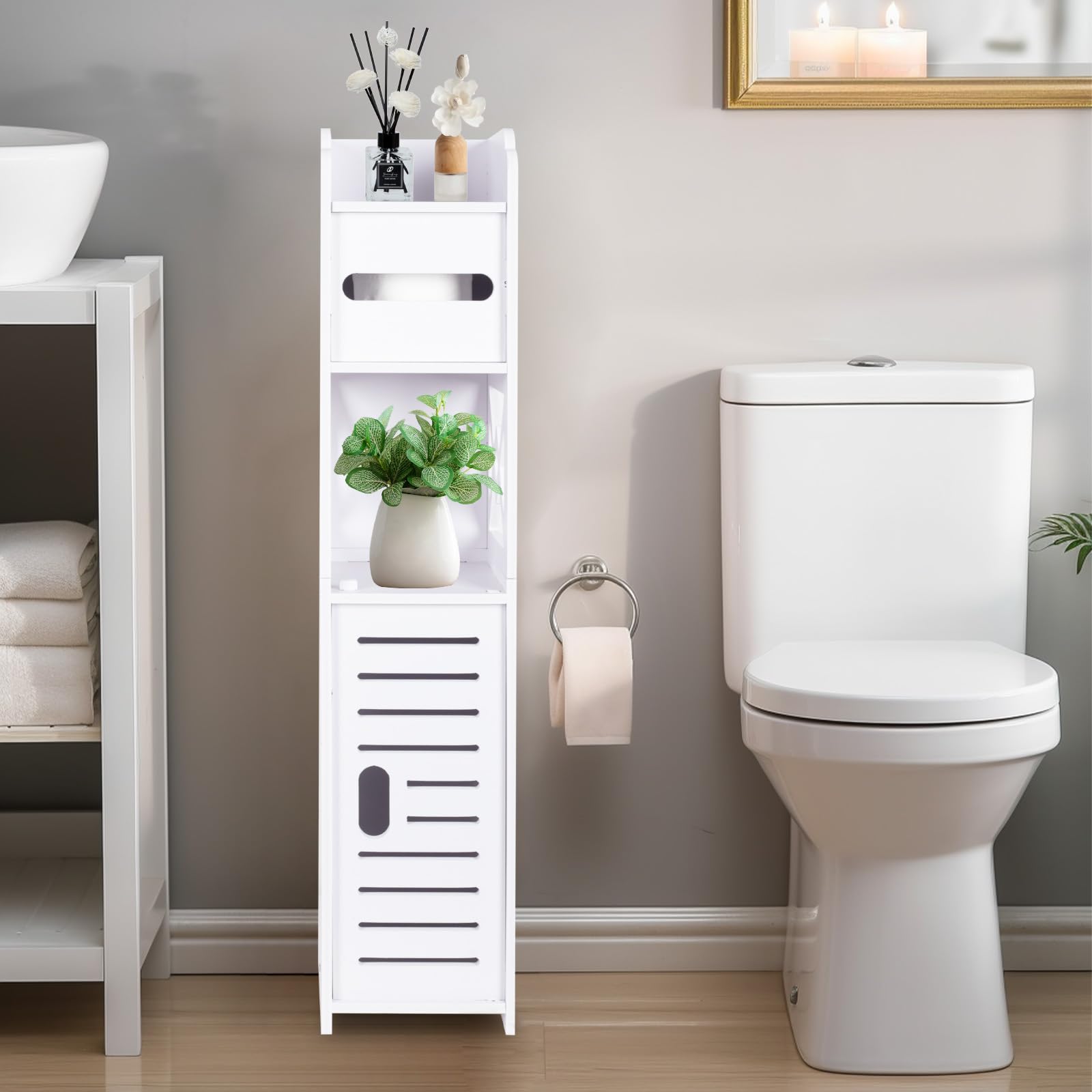 Pinkgarden Bathroom Storage Cabinet, Small Bathroom Storage Cabinet with Doors and Shelves, Slim Storage Cabinet for Bathroom Small Spaces Corner Floor (White)