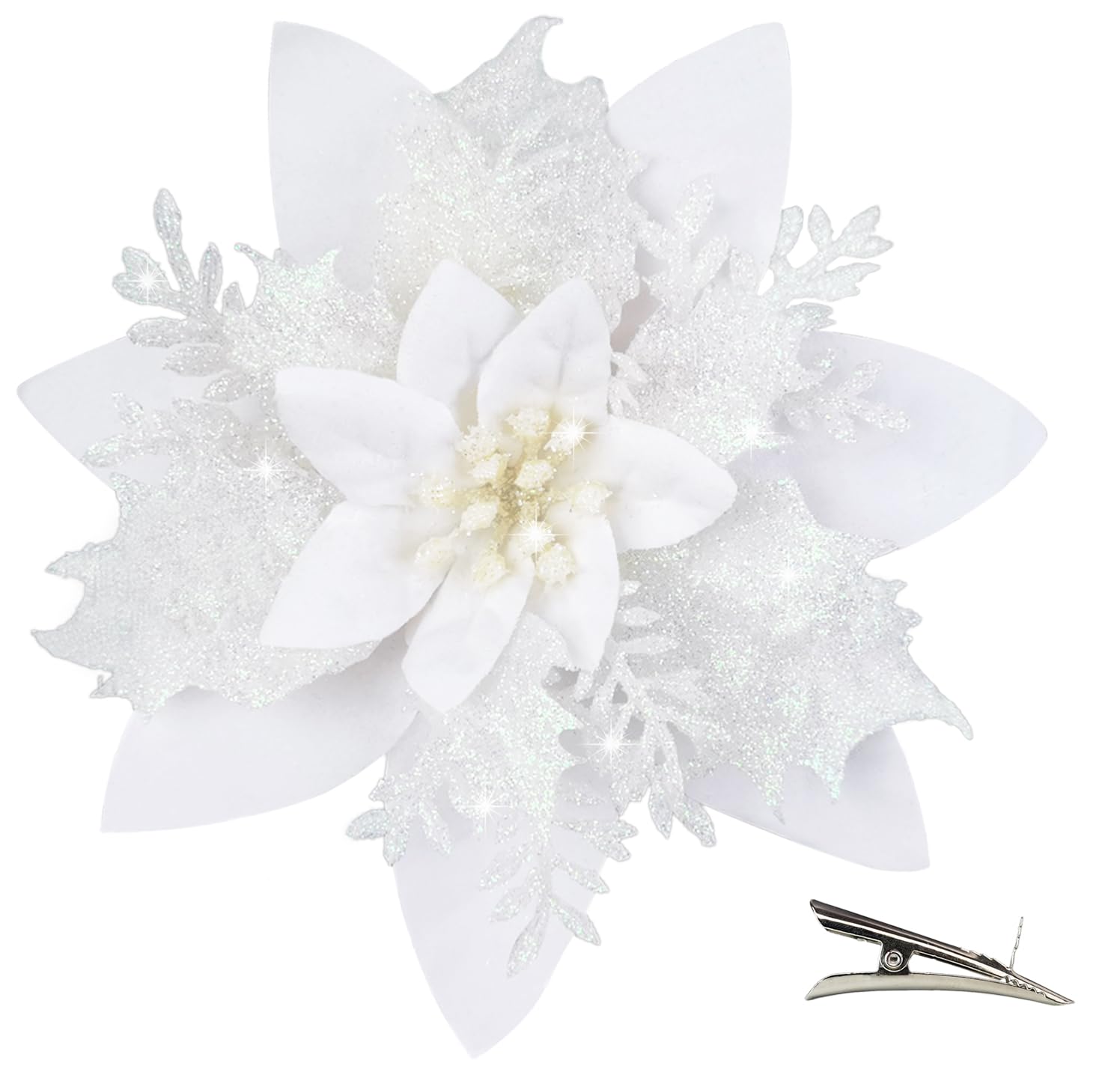 MIKAILE 20PCS Christmas Flowers Artificial with Clip, Poinsettia Christmas Decorations with Glitter for Tree Decorations Garland Wreaths DIY Christmas Ornaments (White)