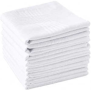 LYVOX Men’s White Handkerchiefs – 12 Pack, 65% Polyester 35% Cotton, Permanent Press Hankies with Satin Cord, 16” x 16”