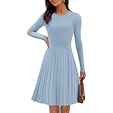 MEROKEETY Women's 2025 Long Sleeve Mini Sweater Dress Crewneck Ribbed Knit A Line Pleated Swing Short Dresses