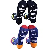 ReJiechu 2 Pairs 50th Birthday Socks for Men Women, Stitched Funny Socks, Fun Novelty Gifts for Mom Dad