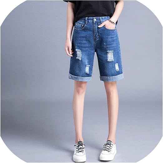 knee length ripped denim shorts