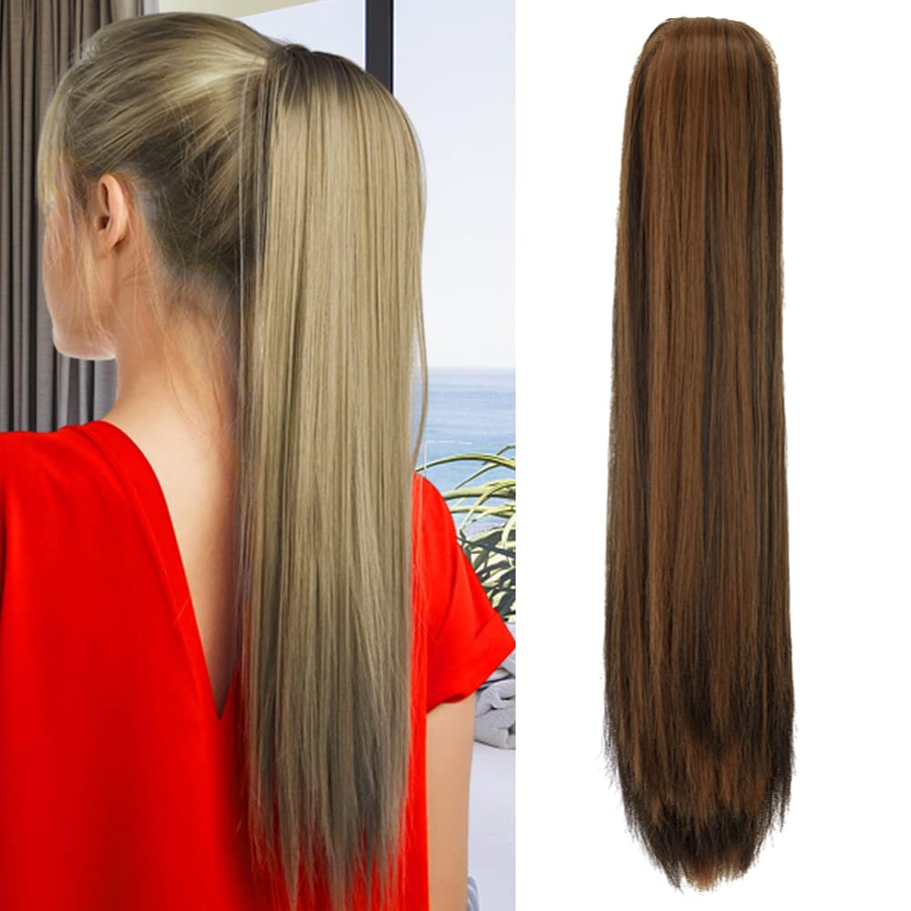 OMGREAT Claw Clip in Ponytail Hair Extension Synthetic Hair One Piece Clip on Hairpieces Straight 21 Inch 150g Dark Brown Mix Light Auburn