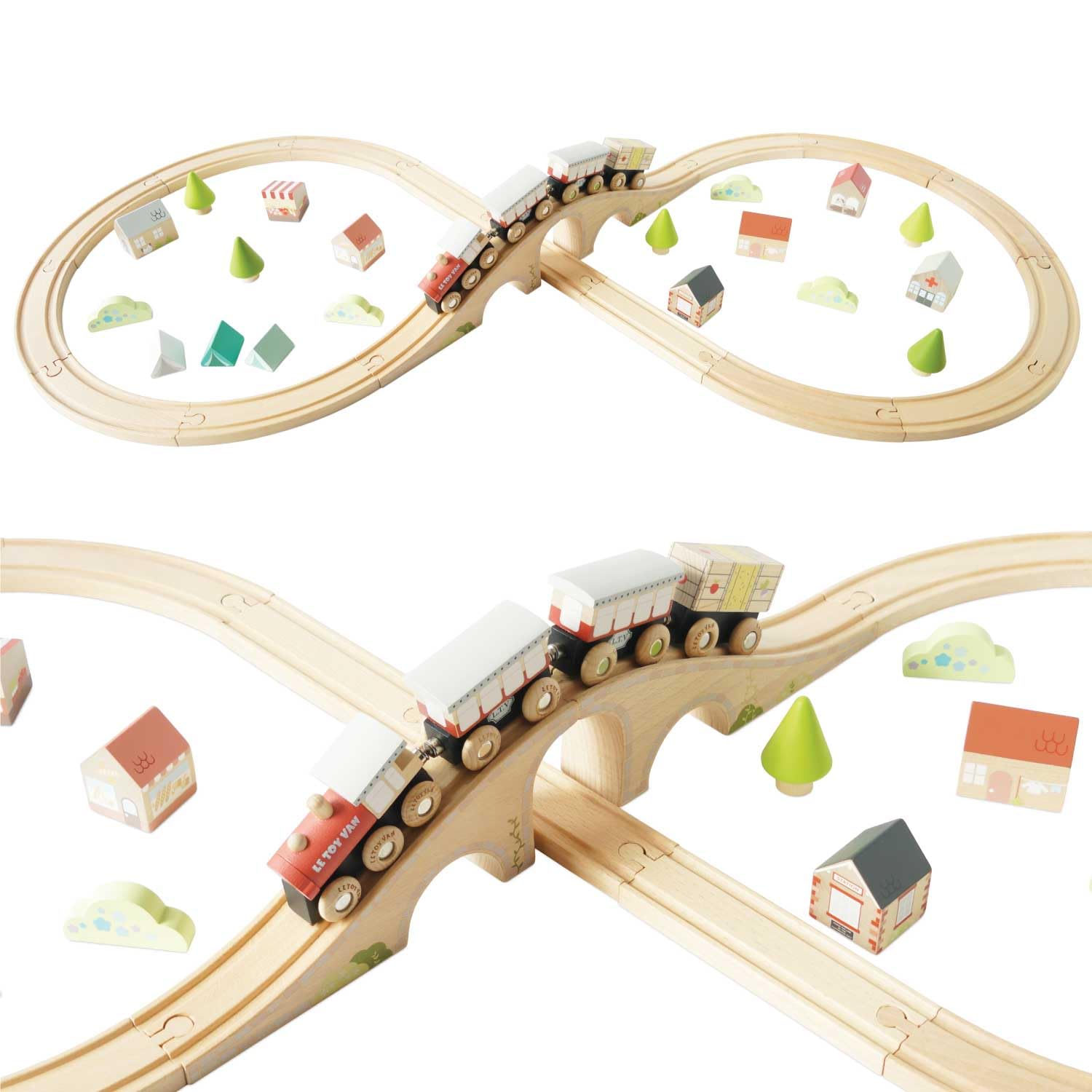 Le Toy Van Wooden Train Set with Figure of 8 Train Track, Plastic Free Set with Universal Compatible Train Track, Suitable for 36+ months, Girls and Boys, TV702