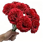 10 Pack Artificial Carnations Flowers - 11.4 Inch Real Touch Silk Flowers with Stems for Wedding Bouquets, Bridal Centerpieces, Home Floral Arrangements & Table Decor (Red)