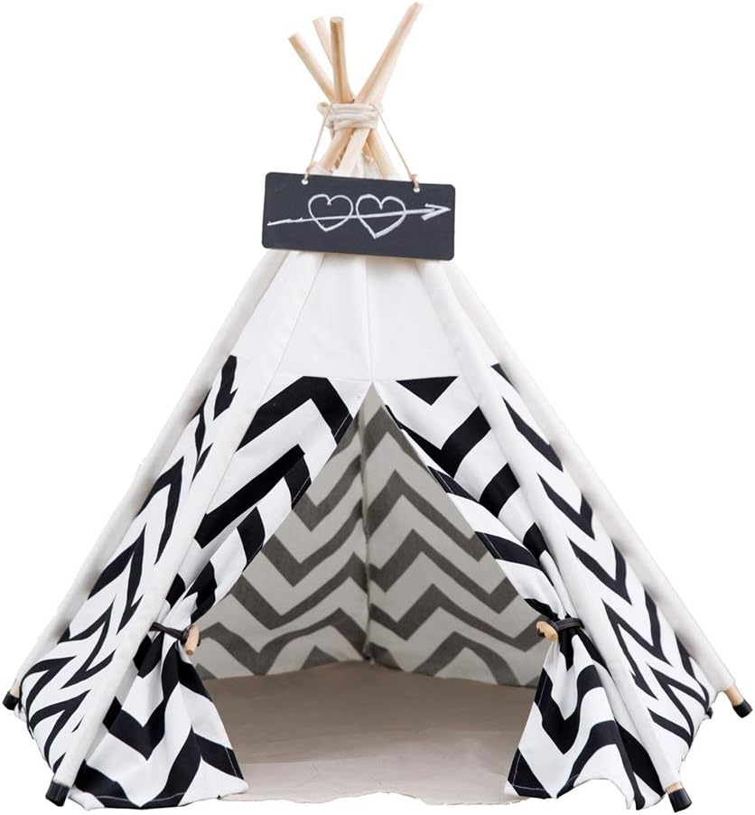 Ruick Dogs Bed Tent Black and White Zigzag Stripes Zebra Pattern Pet Kennels Pet Teepee Play House Dog Play Tent Cat/Dog Bed Removable and Washable (S,Without Cushion)