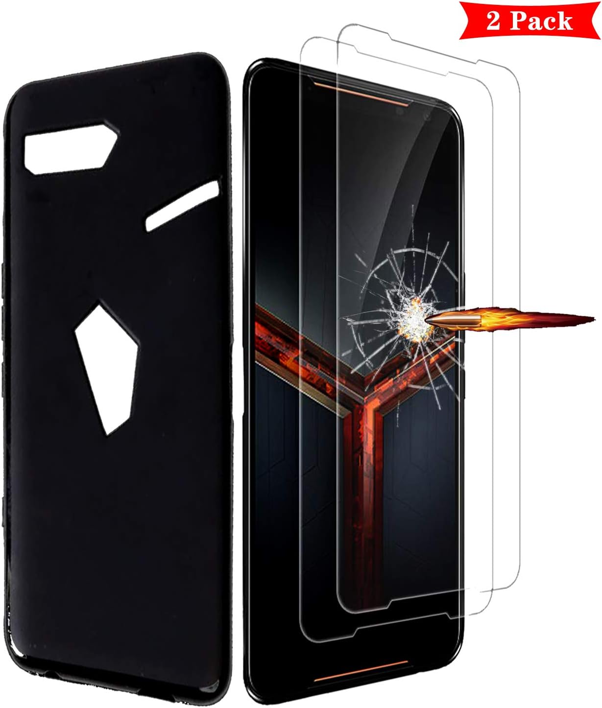 MISIDE Case for Asus ROG Phone 2 Case,with Asus ROG Phone 2 ZS660KL Screen Protector.[3 in 1] [Scratch Resistant] Slim Fashion Soft TPU Shockproof Case + 9H Tempered Glass Screen Protector (Black)