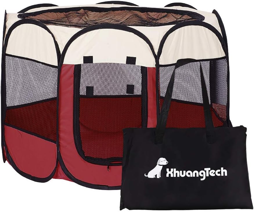 Soft Fabric Portable Foldable Pet Dog Cat Puppy Playpen, Indoor/Outdoor use Pet Kennel Cage D31 x H23 (Beige and Red)